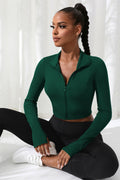 Kadın Yeşil Uzun Kol Fermuarlı Parmak Geçme Detaylı Dik Yaka Crop Top Bluz - görsel 1