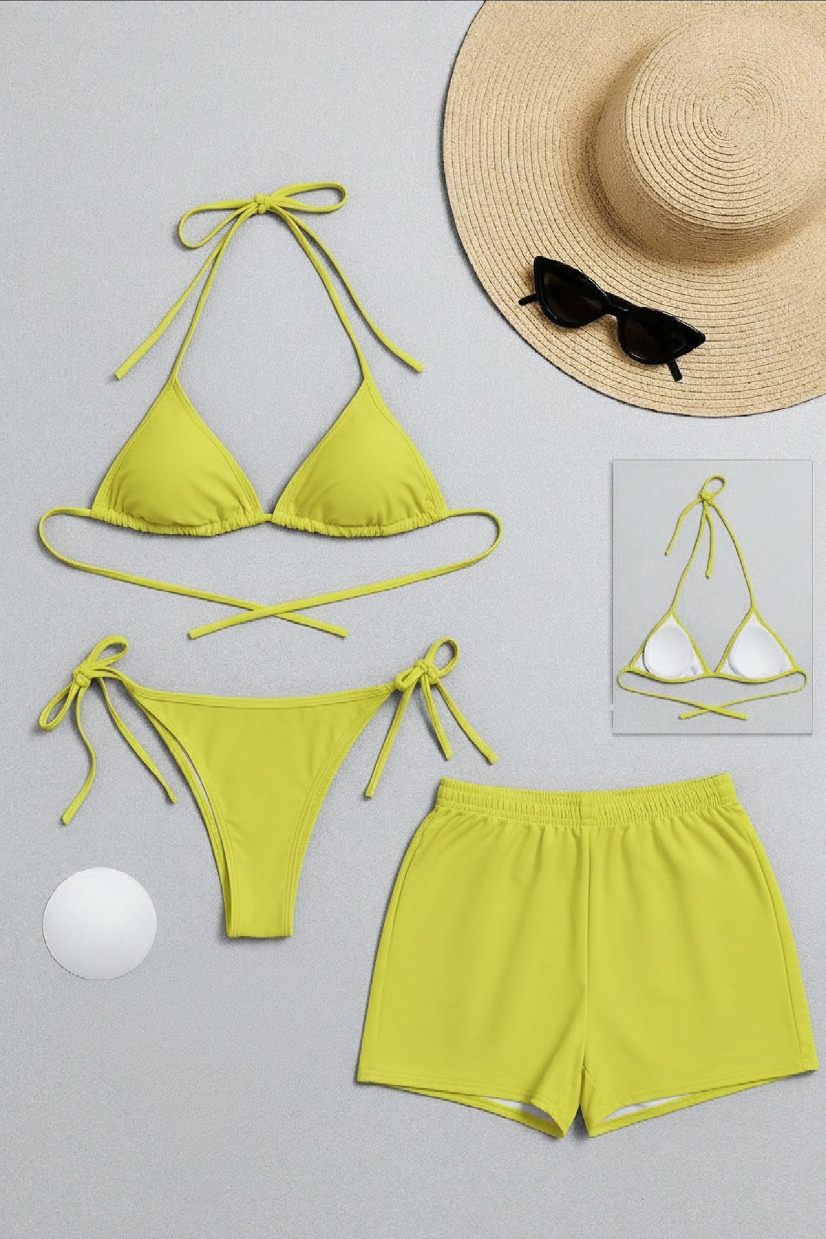 Kadın 3'lü Set Fosforlu Şortlu ve Yandan Bağlamalı Bikini Mayo Takımı - görsel 1