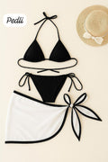 Kadın Siyah Beyaz Pareolu Yandan ve Boyundan Bağlamalı 3'lü Bikini Takımı - görsel 1