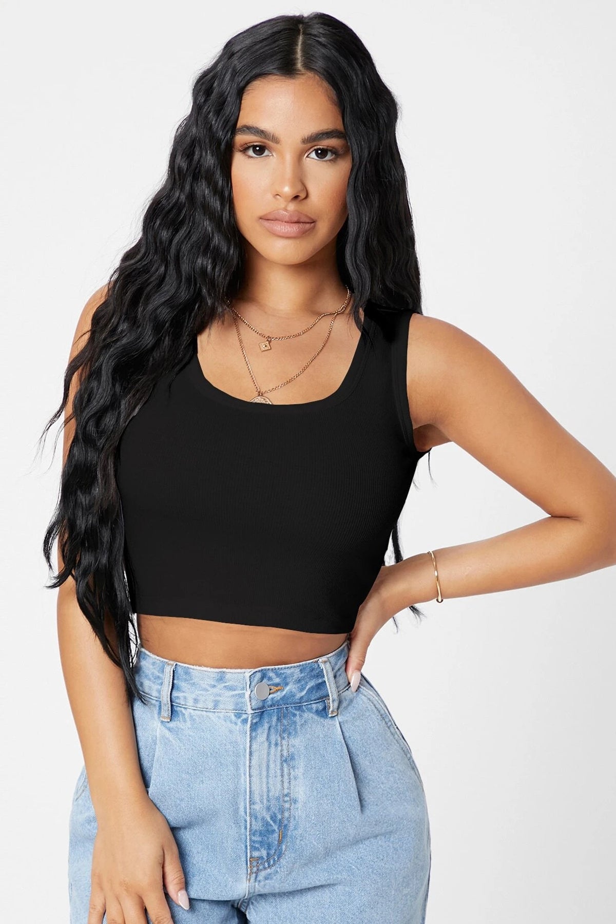 Kadın Siyah Kare Yaka Crop Top Bluz - görsel 3
