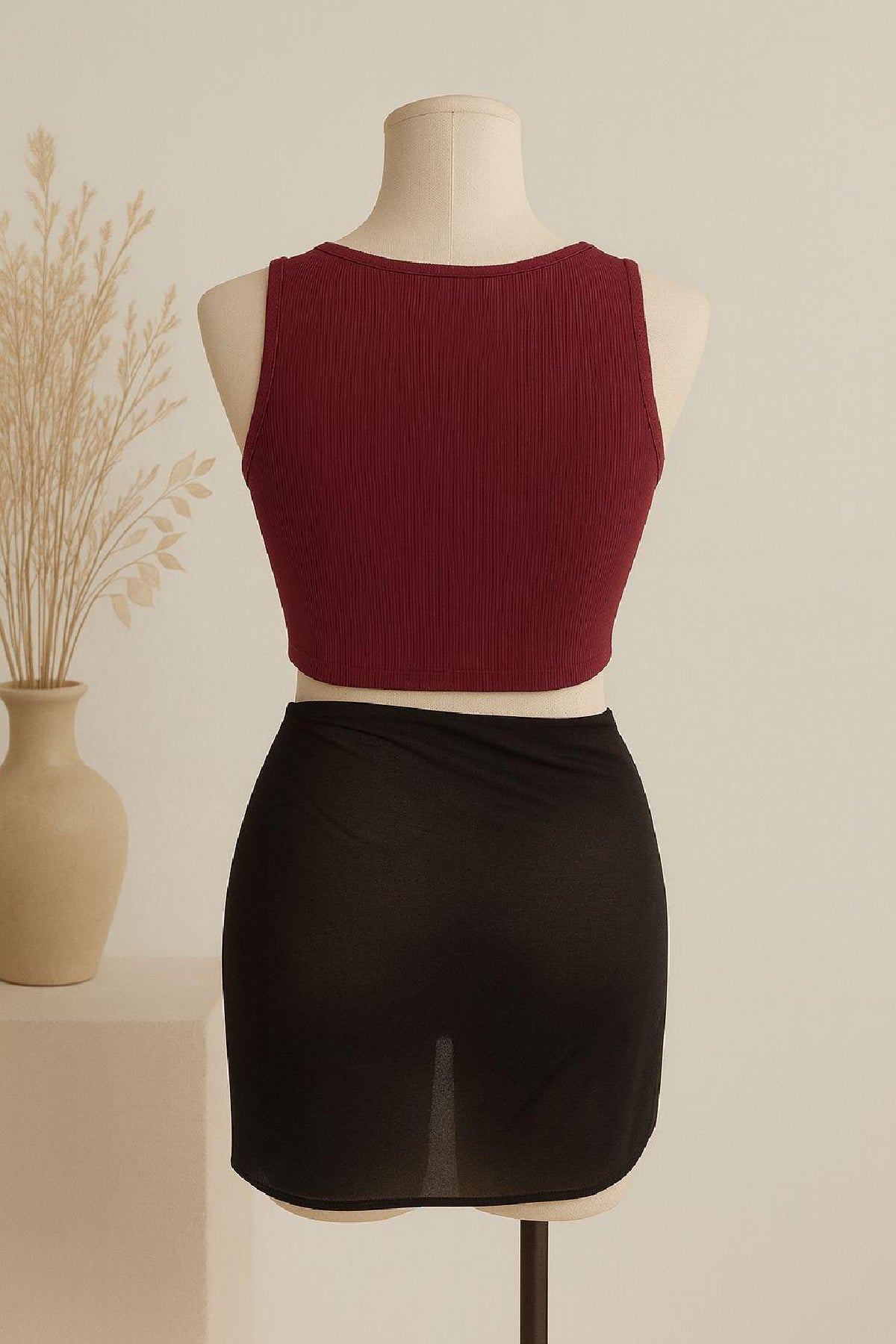 Kadın Bordo Yuvarlak Yaka Crop ve Siyah Pareo 2'li Set - görsel 2