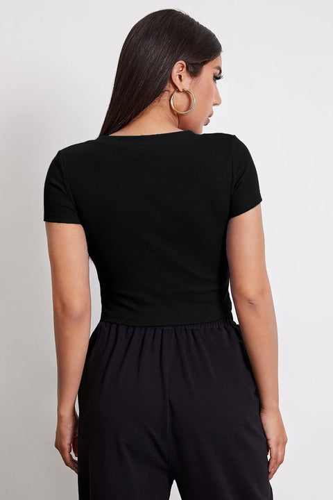 Kadın Siyah Yuvarlak Yaka Yarım Kol Crop Top Bluz - görsel 2