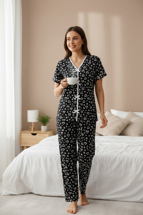 Kadın Siyah Kalp Desenli Fiyonklu Kısa Kollu Uzun Pijama Takımı - görsel 2
