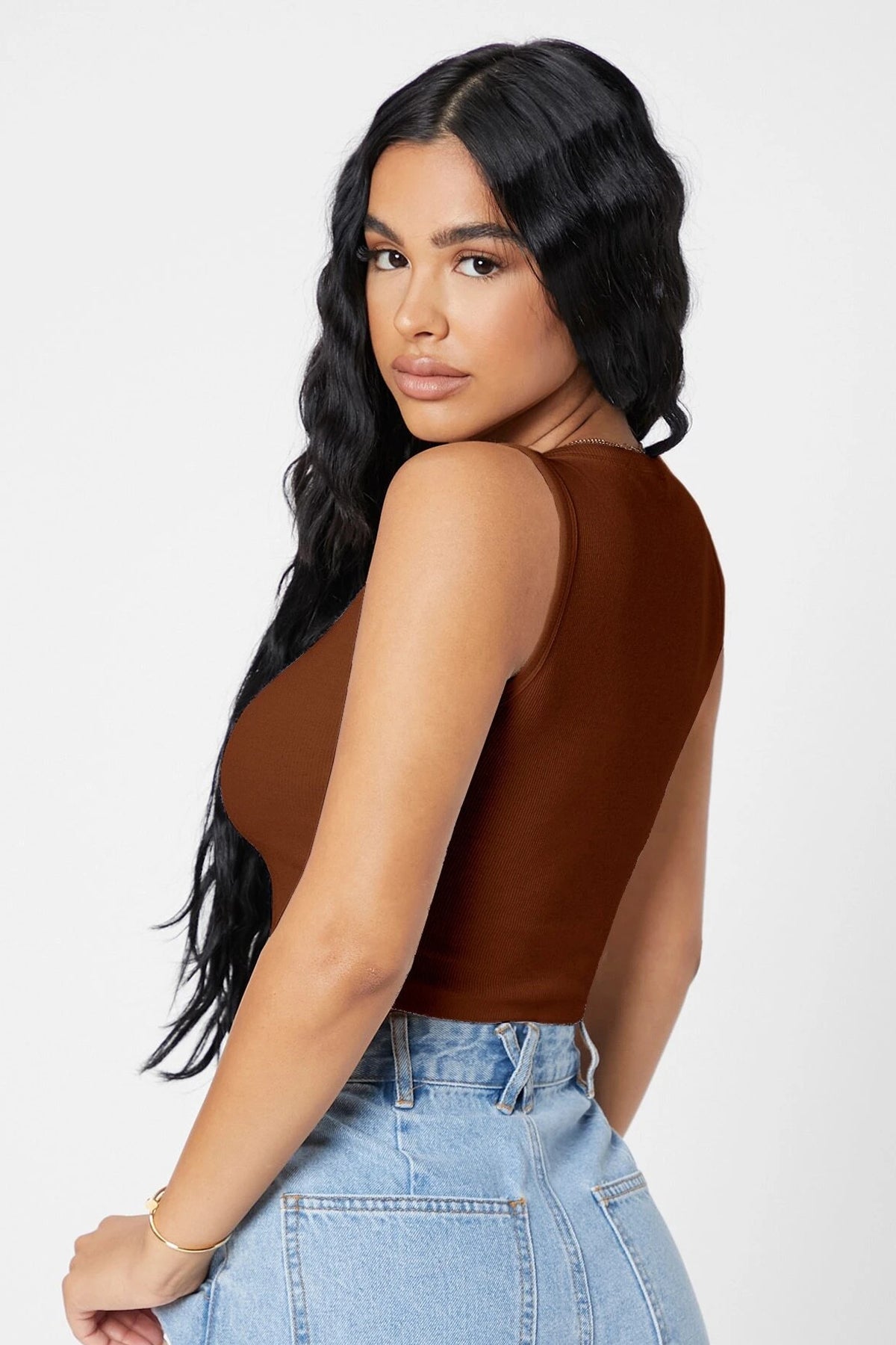Kadın Kahverengi Kare Yaka Crop Top Bluz - görsel 2