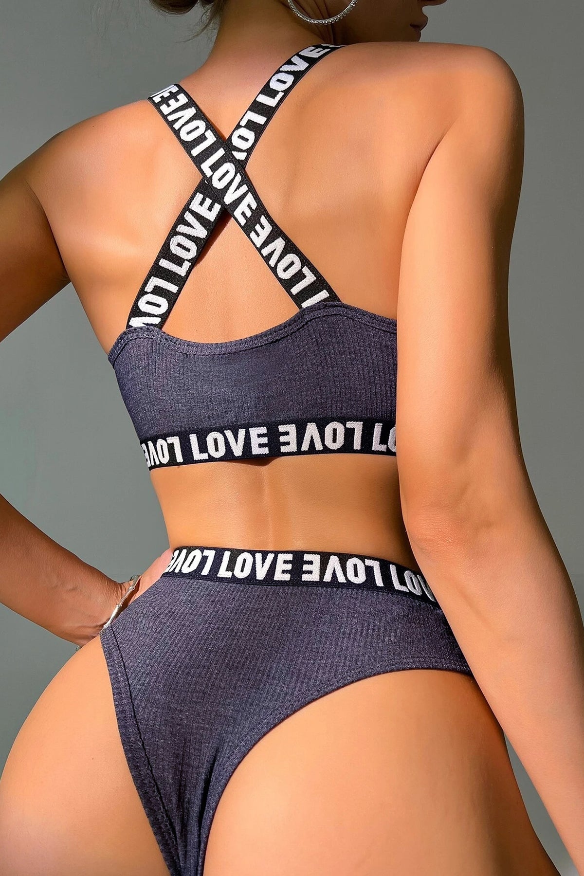 Kadın Lacivert Çapraz Sırt Ve Love Yazı Detaylı Iç Çamaşır Takımi - görsel 3