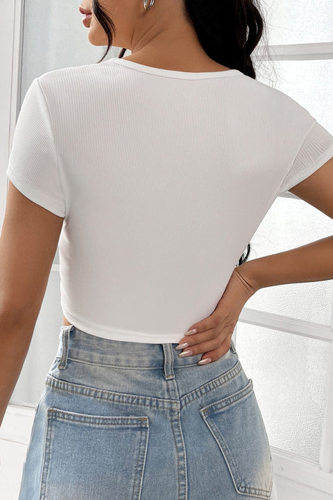 Kadın Beyaz Yarım Kol Düz Yaka Crop Top Bluz - görsel 2