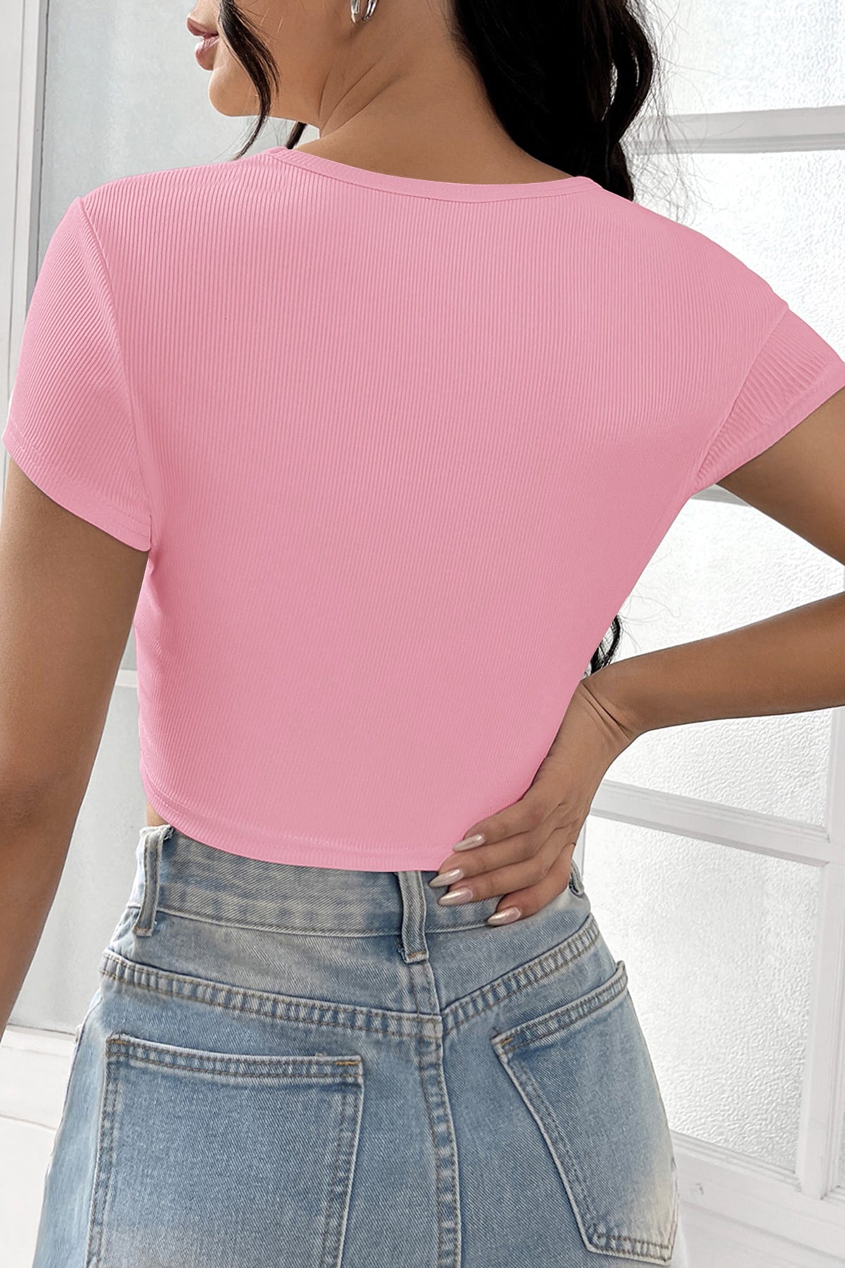 Kadın Pembe Yarım Kol Düz Yaka Crop Top Bluz - görsel 2