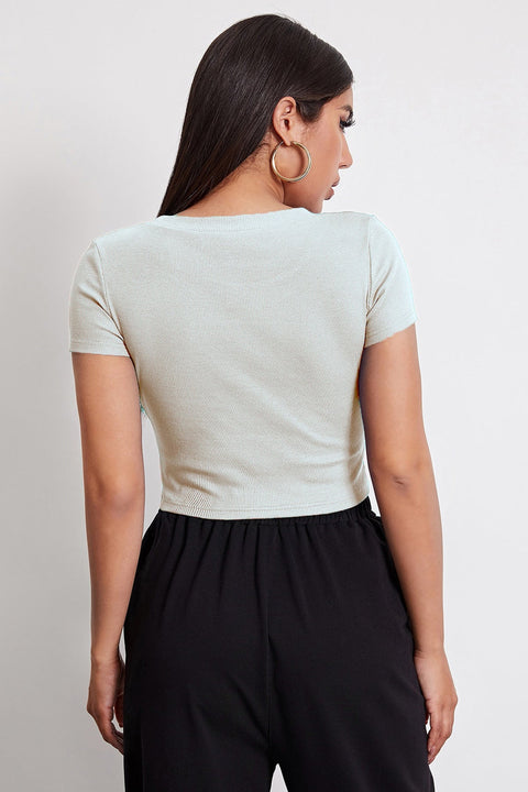 Kadın Beyaz Yuvarlak Yaka Yarım Kol Crop Top Bluz - görsel 3