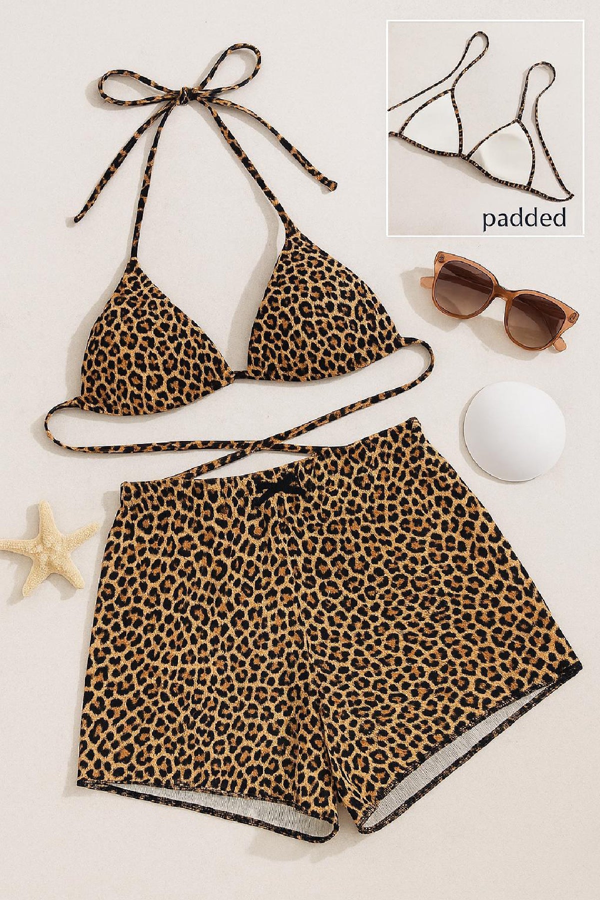Kadın Leopar Desenli Şortlu Belden ve Boyundan Bağlamalı Bikini Takımı - görsel 2