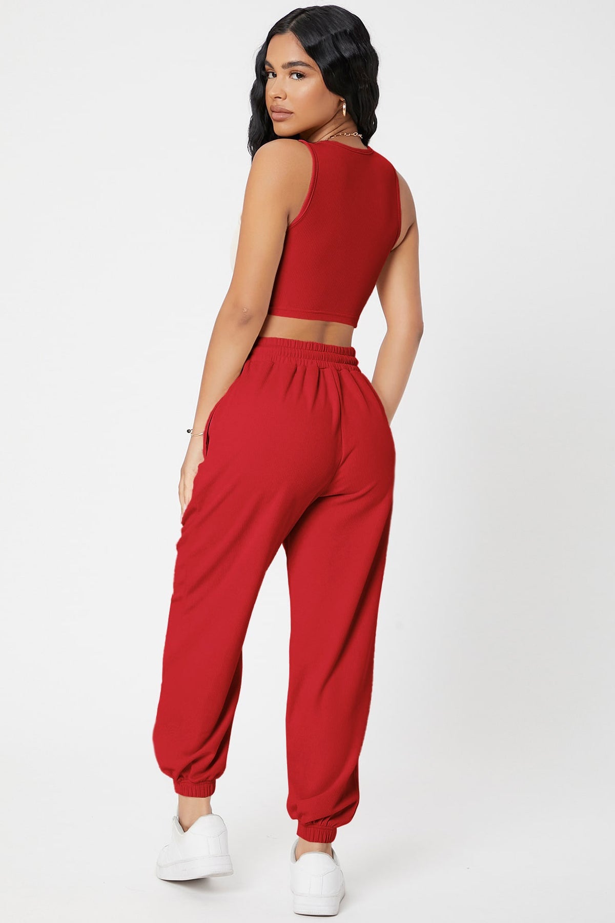 Kadın Kırmızı Kaşkorse Cepli Jogger Eşofman Altı ve Crop Top Bluz - görsel 2