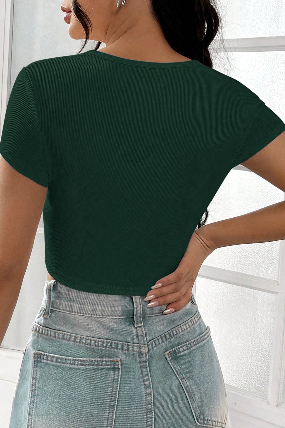 Kadın Yeşil Yarım Kol Düz Yaka Crop Top Bluz - görsel 2