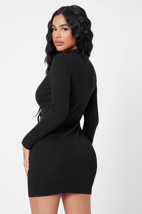 Kadın Siyah Kaşkorse Balıkçı Yaka Uzun Kollu Bodycon Mini Elbise - görsel 2
