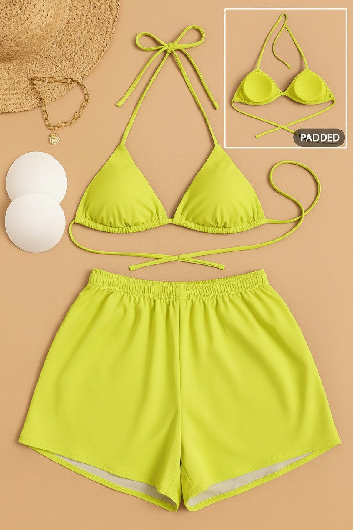 Kadın 3'lü Set Fosforlu Şortlu ve Yandan Bağlamalı Bikini Mayo Takımı - görsel 2