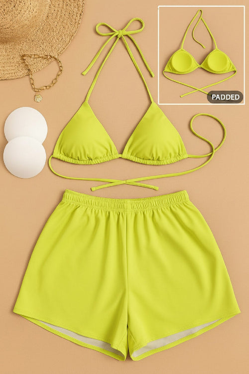 Kadın 3'lü Set Fosforlu Şortlu ve Yandan Bağlamalı Bikini Mayo Takımı - görsel 2