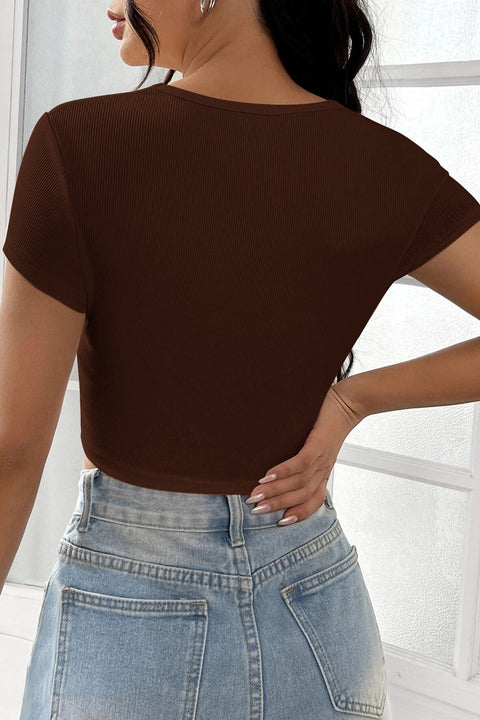 Kadın Kahverengi Yarım Kol Düz Yaka Crop Top Bluz - görsel 2