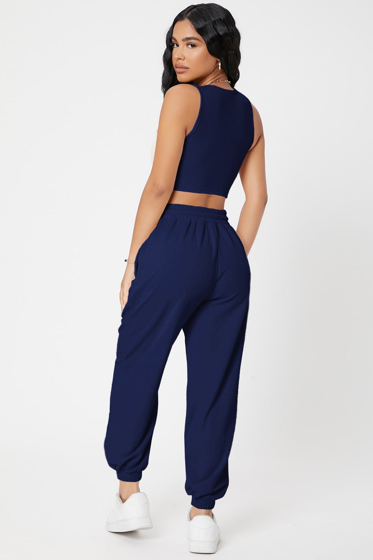 Kadın Lacivert Kaşkorse Cepli Jogger Eşofman Altı ve Crop Top Bluz - görsel 2