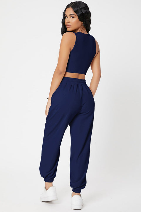 Kadın Lacivert Kaşkorse Cepli Jogger Eşofman Altı ve Crop Top Bluz - görsel 2