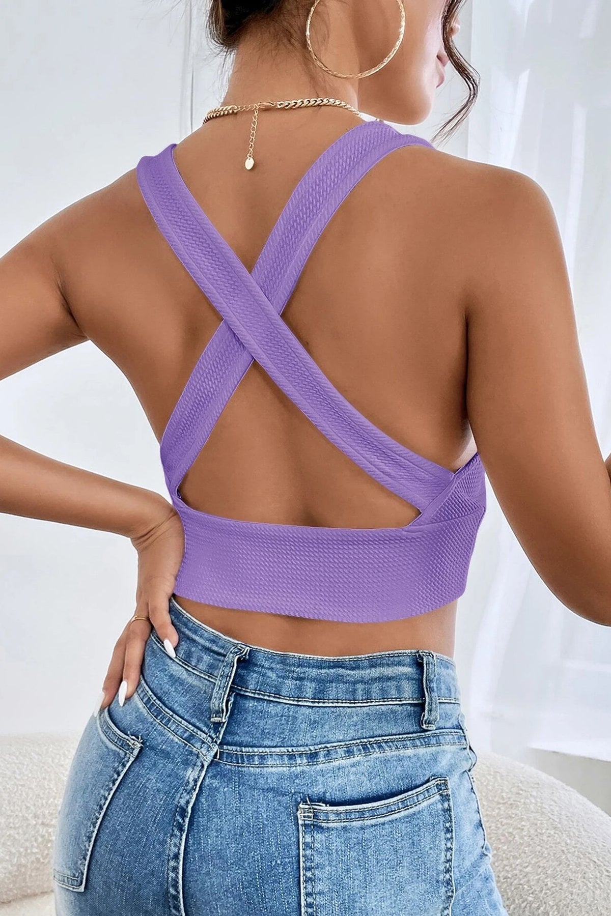 Kadın Lila Çapraz Sırt Detaylı Şık Crop Top Büstiyer - görsel 2