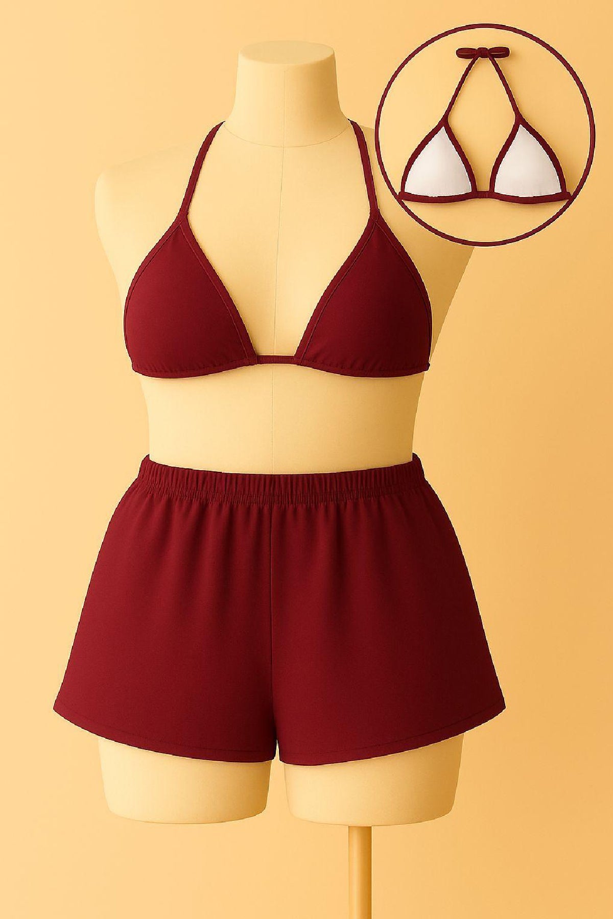 Kadın Bordo Şortlu Belden ve Boyundan Bağlamalı Bikini Takımı - görsel 2