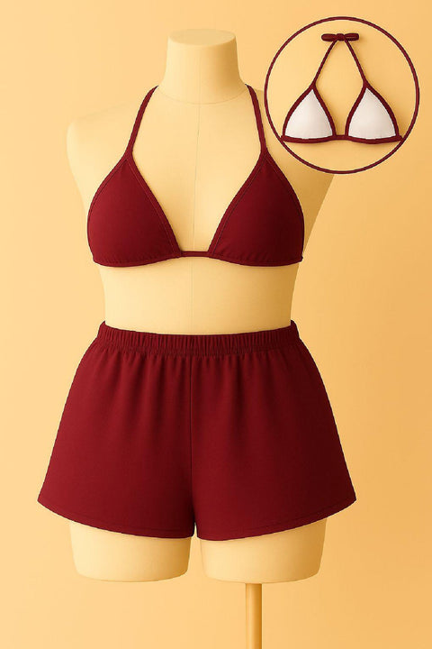 Kadın Bordo Şortlu Belden ve Boyundan Bağlamalı Bikini Takımı - görsel 2