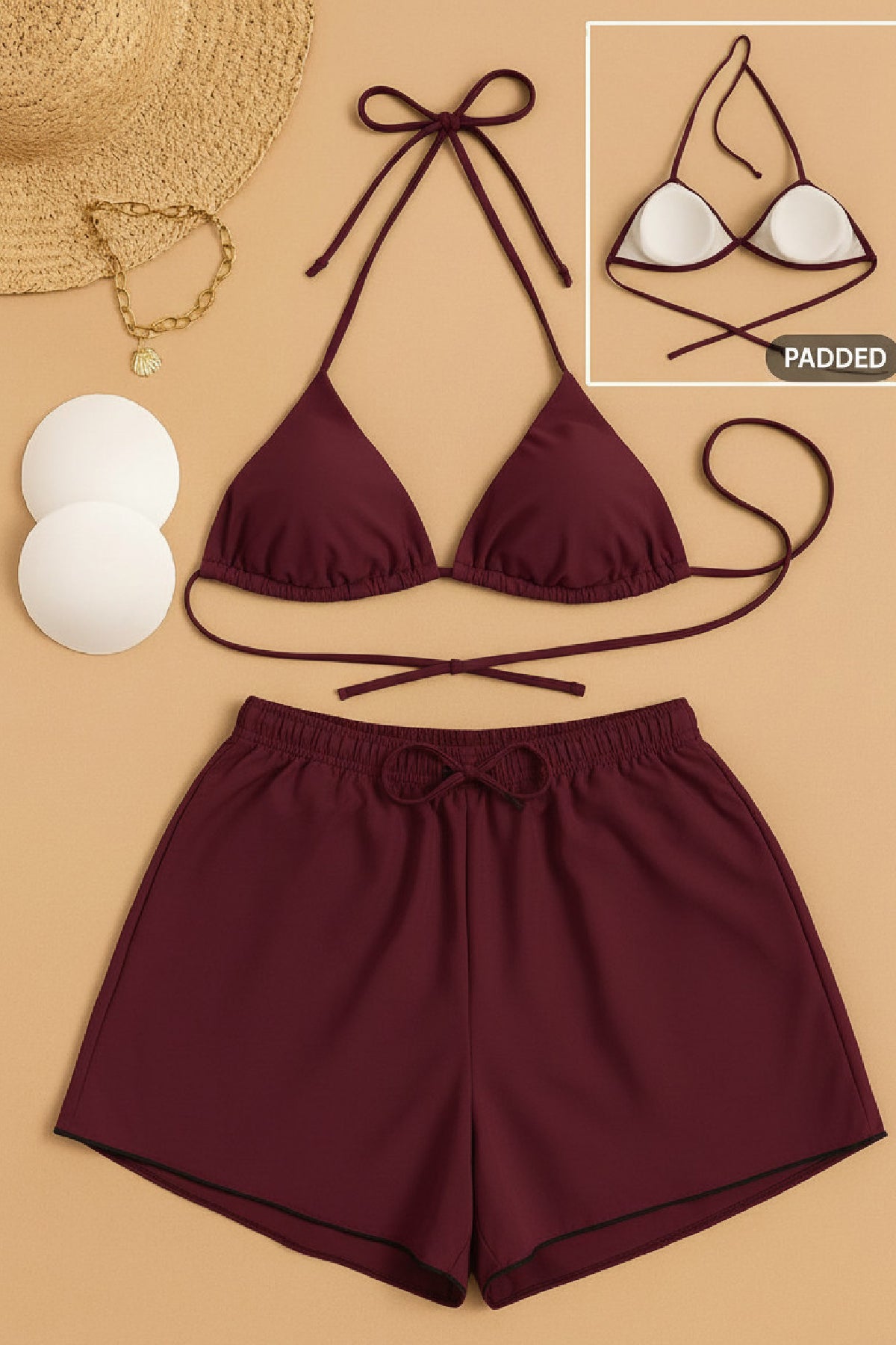 Kadın 3'lü Set Bordo Şortlu ve Yandan Bağlamalı Bikini Mayo Takımı - görsel 2
