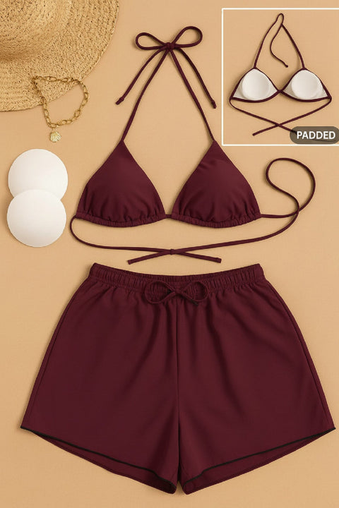 Kadın 3'lü Set Bordo Şortlu ve Yandan Bağlamalı Bikini Mayo Takımı - görsel 2