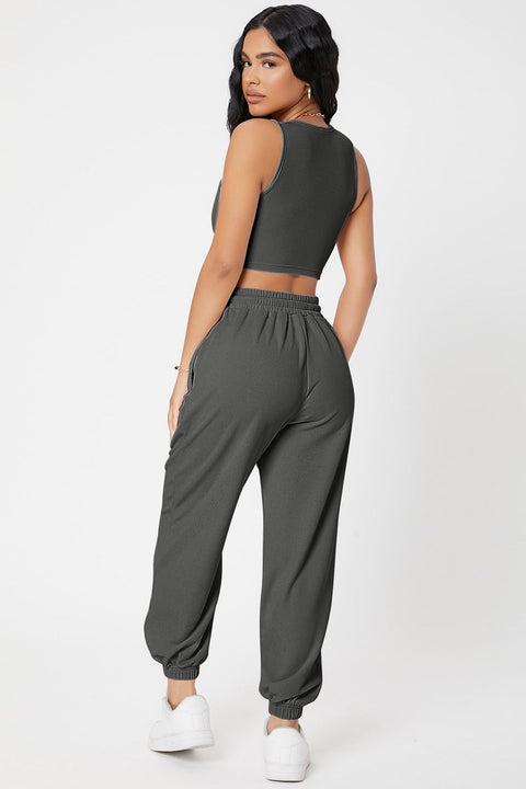 Kadın Antrasit Gri Kaşkorse Cepli Jogger Eşofman Altı ve Crop Top Bluz - görsel 2