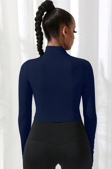 Kadın Lacivert Uzun Kol Fermuarlı Parmak Geçme Detaylı Dik Yaka Crop Top Bluz - görsel 2