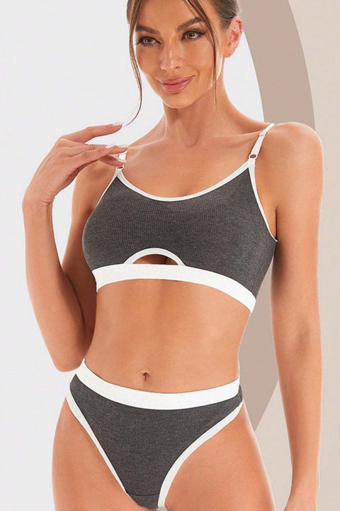 Kadın Gri Antrasit Kaşkorse ve Beyaz Lastikli Cut-Out Tanga Külotlu Takım - görsel 2