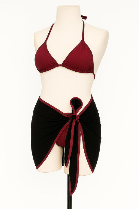 Kadın Bordo Siyah Pareolu Yandan ve Boyundan Bağlamalı 3'lü Bikini Takımı - görsel 2