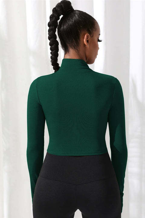 Kadın Yeşil Uzun Kol Fermuarlı Parmak Geçme Detaylı Dik Yaka Crop Top Bluz - görsel 2
