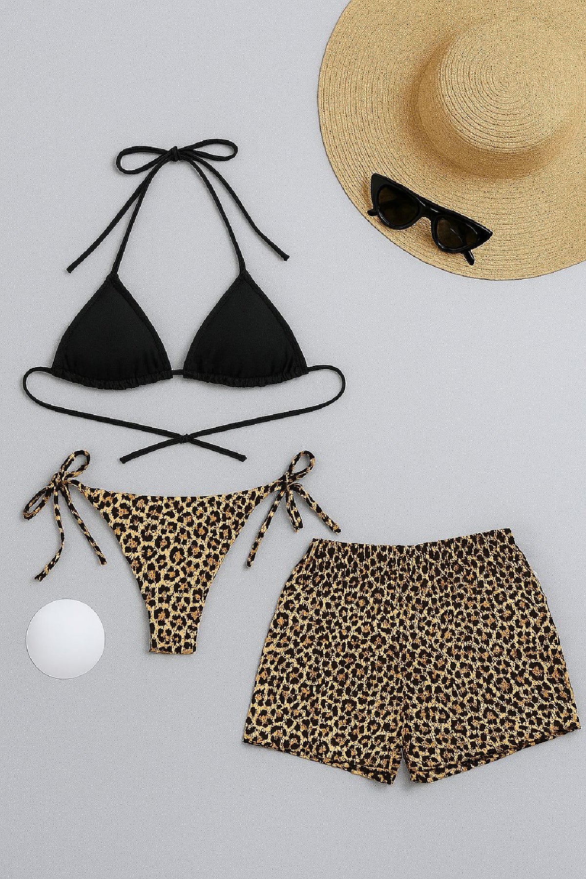 Kadın 3'lü Set Siyah ve Leopar Desenli Şortlu Yandan Bağlamalı Bikini Mayo Takımı - görsel 2
