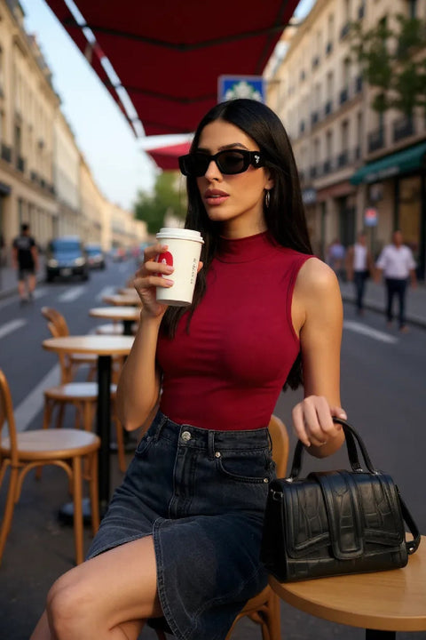 Kadın Bordo Kolsuz Balıkçı Yaka Basic Bluz - görsel 2
