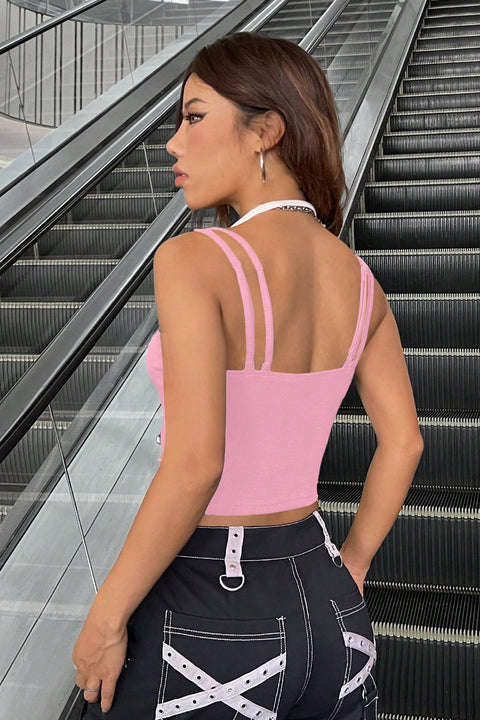Kadın Pembe Beyaz Çift Renk Çapraz Askılı Crop Top Bluz - görsel 2