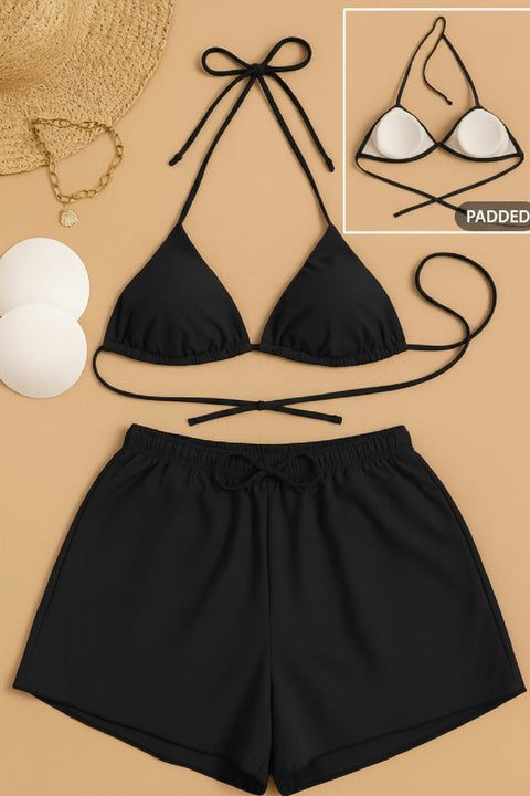 Kadın 3'lü Set Siyah Şortlu ve Yandan Bağlamalı Bikini Mayo Takımı - görsel 2