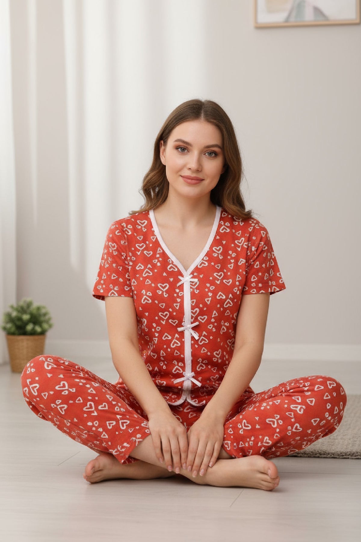 Kadın Turuncu Kalp Desenli Fiyonklu Kısa Kollu Uzun Pijama Takımı - görsel 2