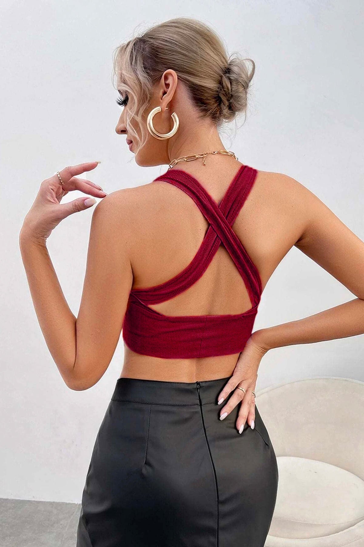 Kadın Bordo Çapraz Sırt Detaylı Şık Crop Top Büstiyer - görsel 2