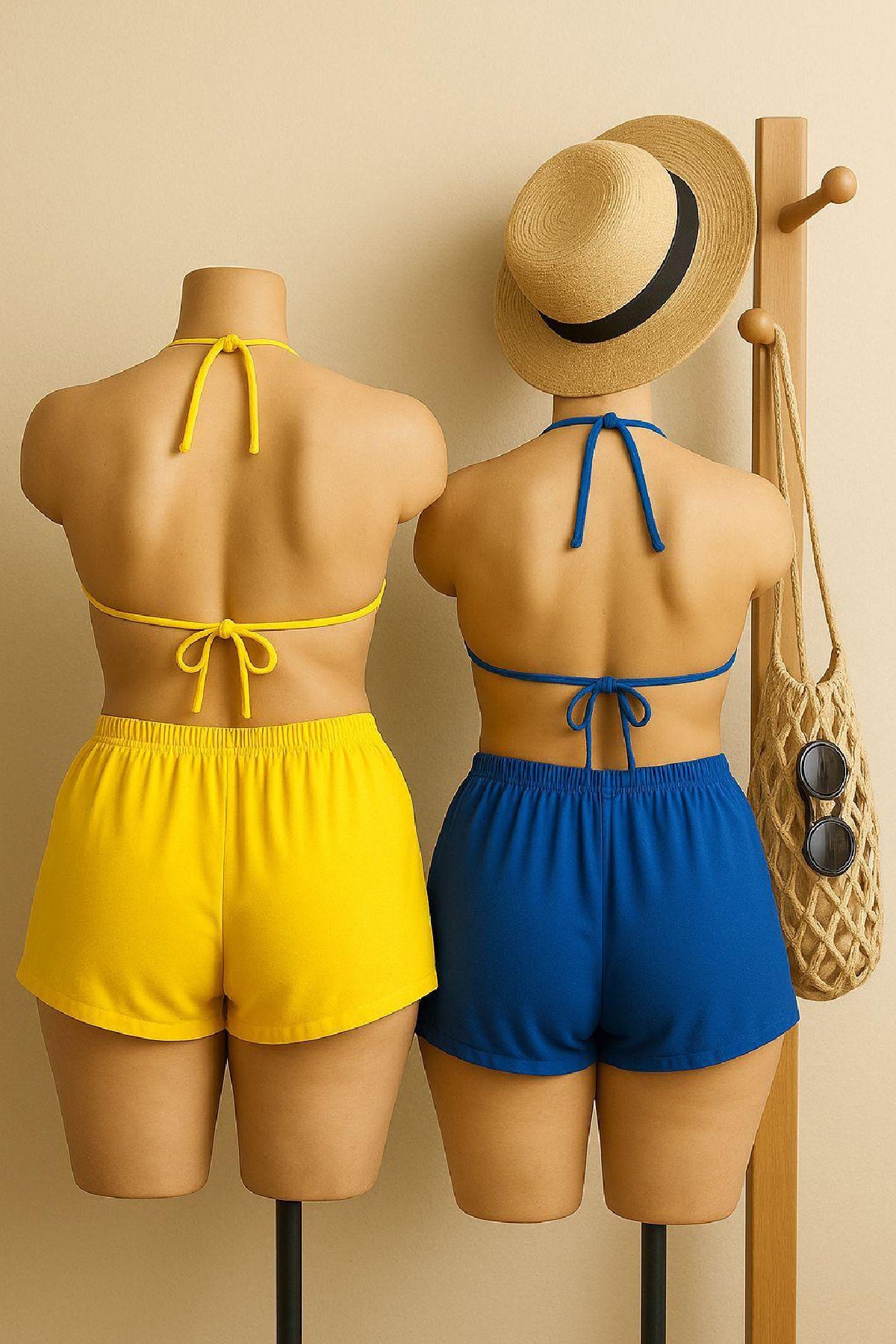 Kadın Sarı ve Mavi Şortlu Belden ve Boyundan Bağlamalı Bikini Takımı - görsel 2