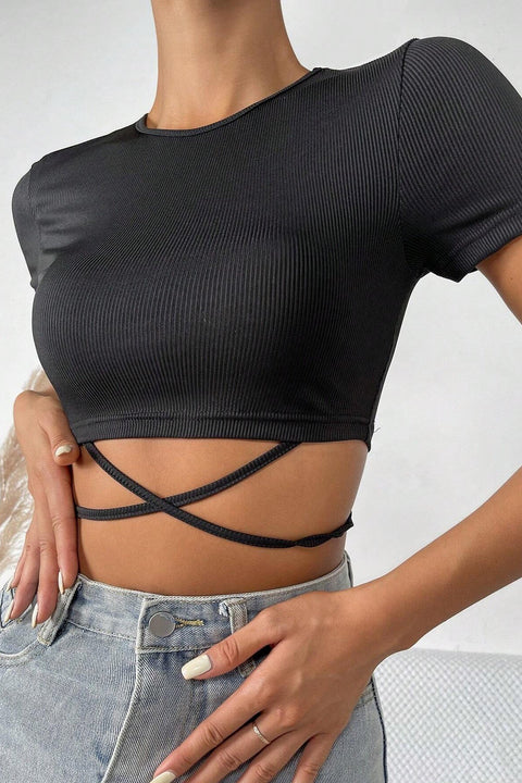 Kadın Siyah Yarım Kol Çapraz Bağlamalı Crop Top Bluz - görsel 3