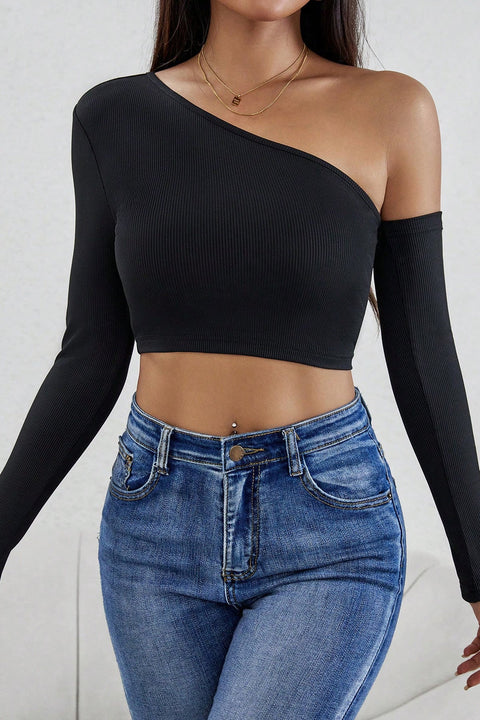 Kadın Siyah Tek Omuz Detaylı Uzun Kol Crop Top Bluz - görsel 3
