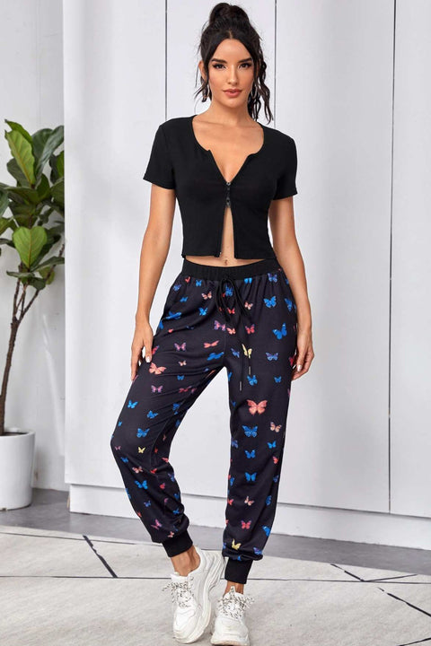 Kadın Siyah Çift Fermuarlı Yarım Kol Crop Top Bluz - görsel 3