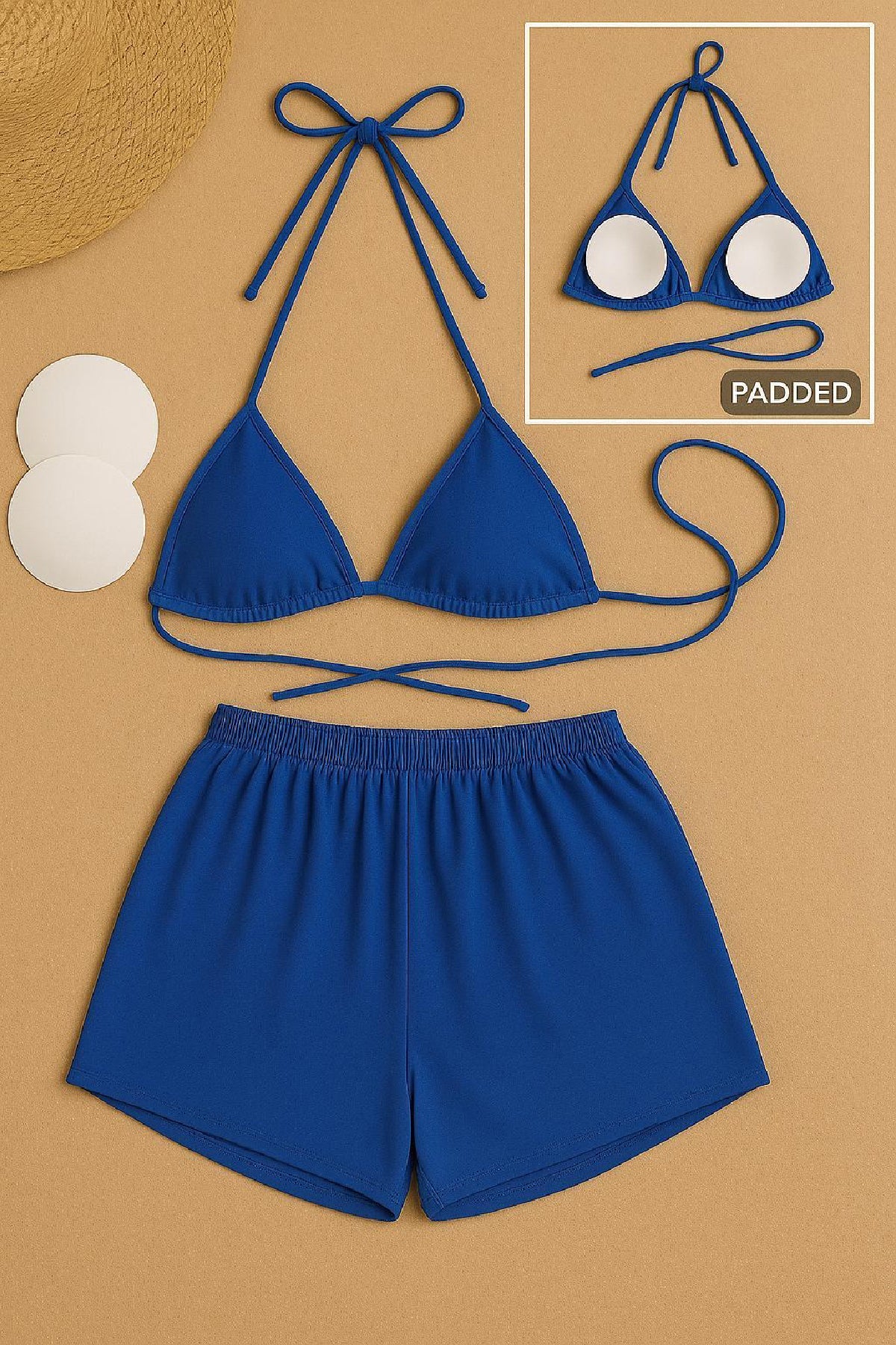 Kadın Mavi Şortlu Belden ve Boyundan Bağlamalı Bikini Takımı - görsel 3