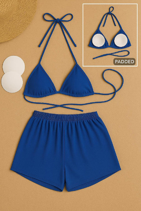 Kadın Mavi Şortlu Belden ve Boyundan Bağlamalı Bikini Takımı - görsel 3