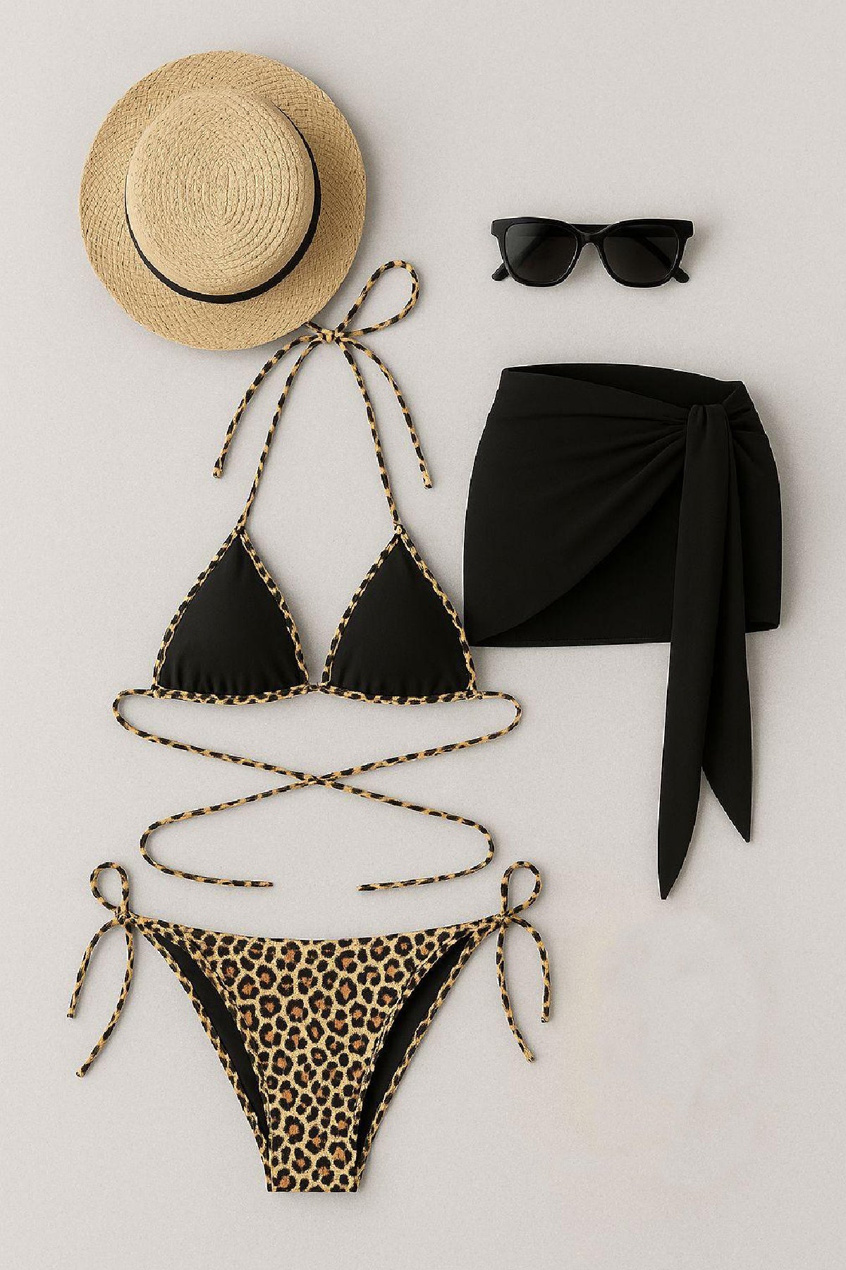 Kadın Siyah ve Leopar Desenli Pareolu 3'lü Bikini Takımı - görsel 3