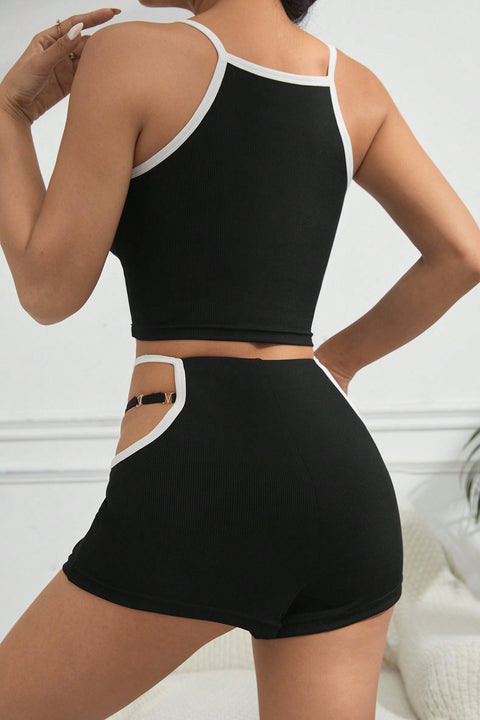 Kadın Siyah Beyaz Şortlu Cut-Out Detaylı Gecelik Takımı - görsel 3