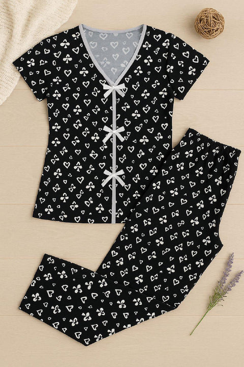 Kadın Siyah Beyaz Kalp Desenli Fiyonklu Kısa Kollu Pijama Takımı - görsel 4
