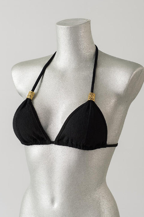 Kadın Siyah Pedli Üçgen Bikini Üstü Halter Bağlamalı Aksesuarlı - görsel 4