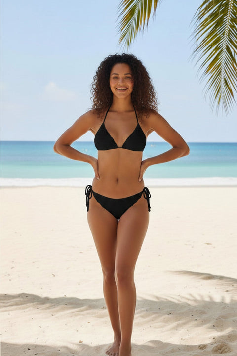 Kadın Siyah Pedli Bel ve Boyundan Bağlamalı Dantelli Şık Bikini Takımı - görsel 3