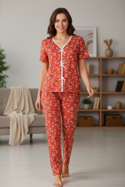 Kadın Turuncu Kalp Desenli Fiyonklu Kısa Kollu Uzun Pijama Takımı - görsel 3