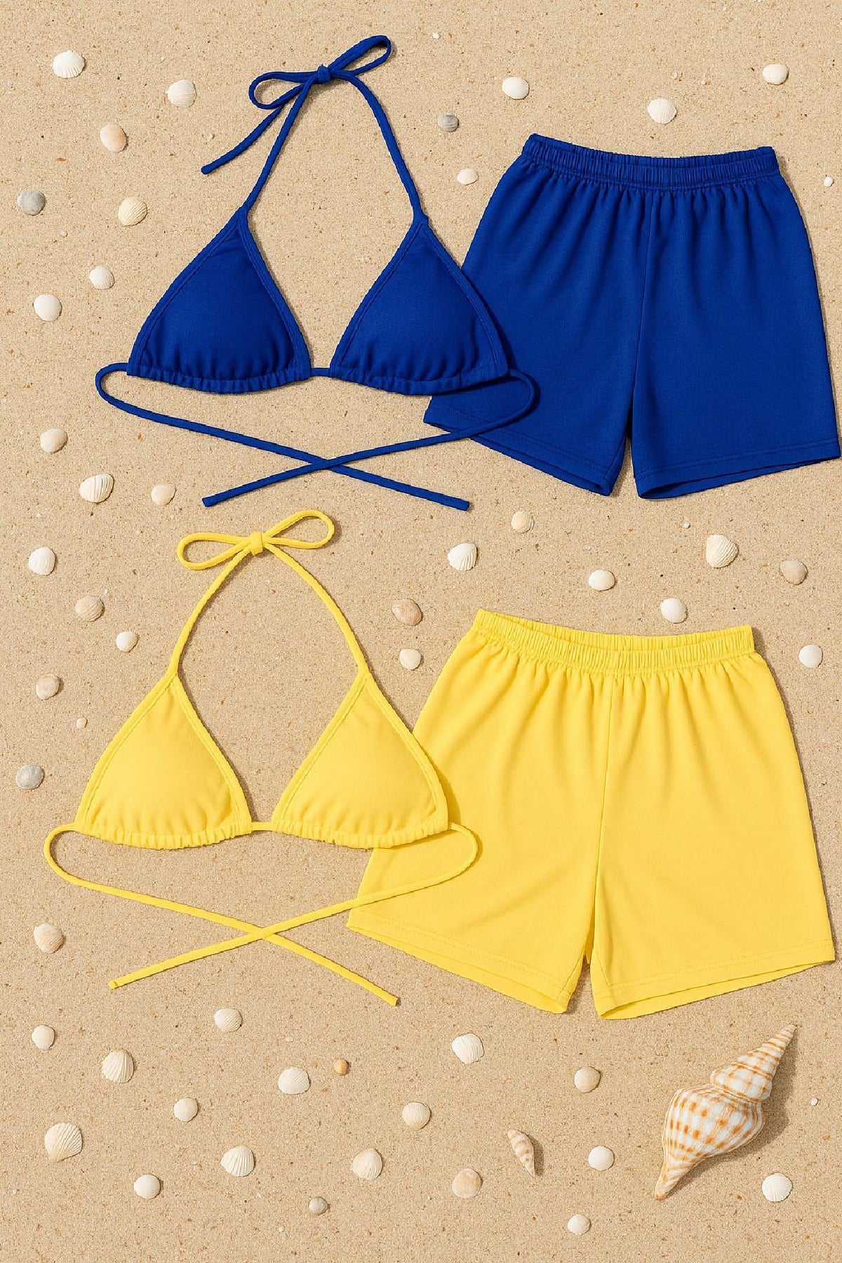 Kadın Sarı ve Mavi Şortlu Belden ve Boyundan Bağlamalı Bikini Takımı - görsel 3